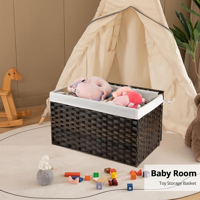 OIAHOMY Storage Basket with Lid, 27.7 Gallon (105L) Blanket Basket with Removable Liner Bag, Synthetic Wicker Hamper with Handle, Large Hamper for Bedroom, Brown