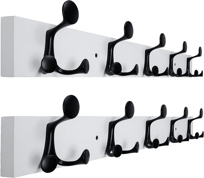 WEBI Coat Rack Wall Mount,30" Solid Wood Coat Hooks Wall Mounted Coat Hanger,16" Hole to Hole,Heavy Duty Hook Rack Rail,5 Triple Hooks for Hanging Coats,Jacket,Clothes,Hat,Backpack,White,2 Packs