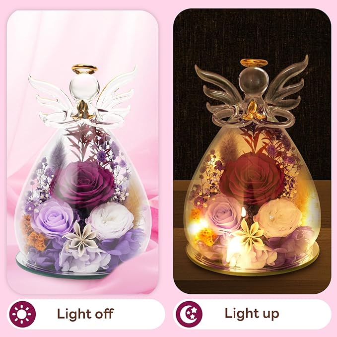 Purple Preserved Rose Glass Angel Gifts for Grandma Nana Mother in Law, Real Flower Birthday Retirement Presents for Older Women Aunt