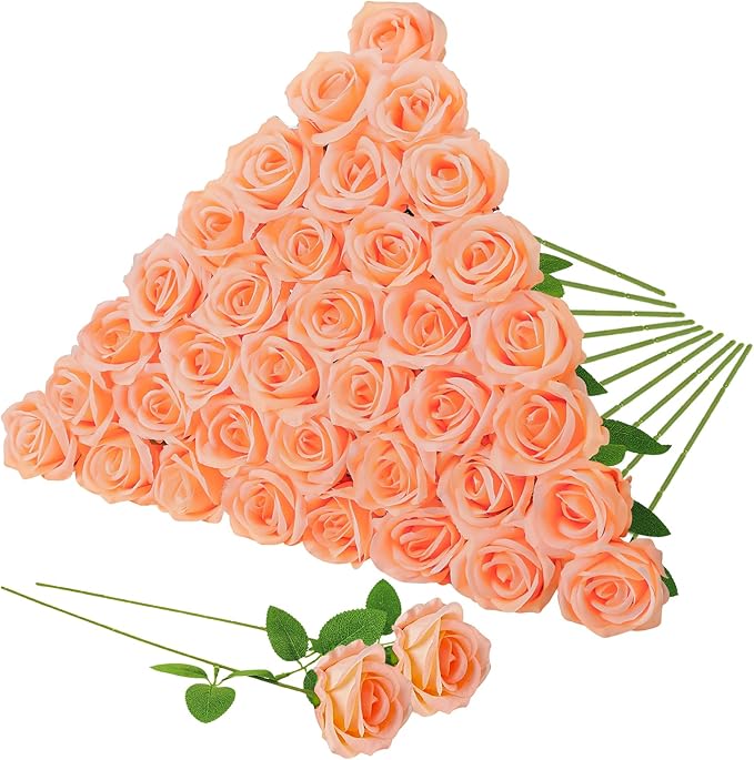 36 Pcs Peach Pink Artificial Roses with Long Stems, Fake Silk Rose Artificial Flowers Bulk for Bridal Wedding Bouquet Centerpiece Ball Arrangement Party Decor