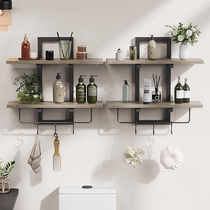 Creso hom Floating Shelves, 15" Wall Shelf Set of 2, Hanging Bathroom Shelves 2-Tier, Wall Mounted Storage Shelves, for Living Room Bedroom Bathroom Kitchen Office Coffee Bar, Greige