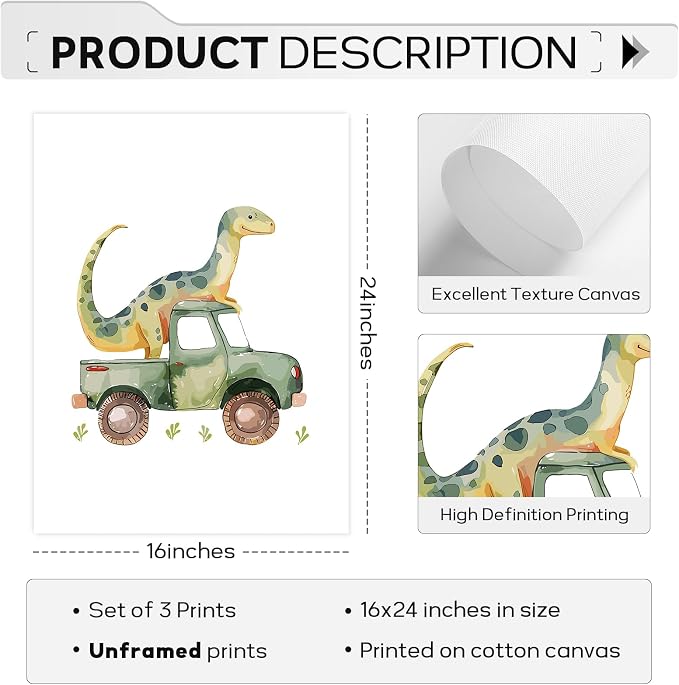 Dinosaur Nursery Wall Art Kids Canvas Poster Baby Boy Nursery Wall Decor Green Dino Pictures Toddler Prints Cartoon Dino Car Painting Boys Room Artwork for Bedroom Bathroom 16x24x3 Inch Unframed