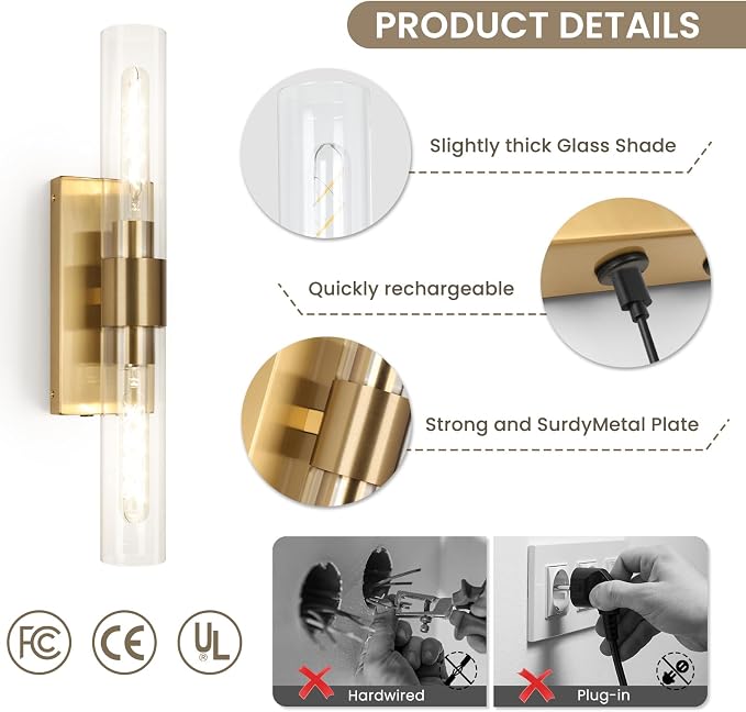 Battery Operated Wall Sconce Set of Two, Rechargeable Wall Sconce, Gold Wall Lamp with Remote Controls, Indoor Non-Hardwired Bedside Wall Sconces, Gold Vanity Light for Bedroom, Hallway, etc