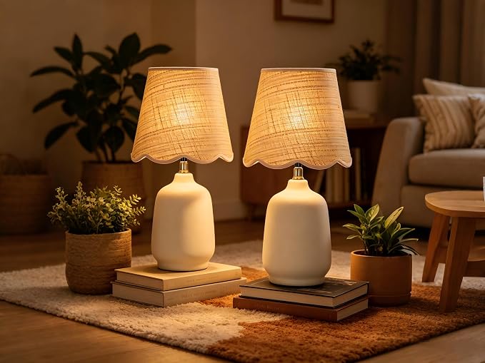 Pia Ricco 19" Modern Ceramic Table Lamp for Living Room Cream Base Desk Lamps for Bedroom Farmhouse Bedside Nightstand Lamp End Table Lamps,Beige,Rattan Shade