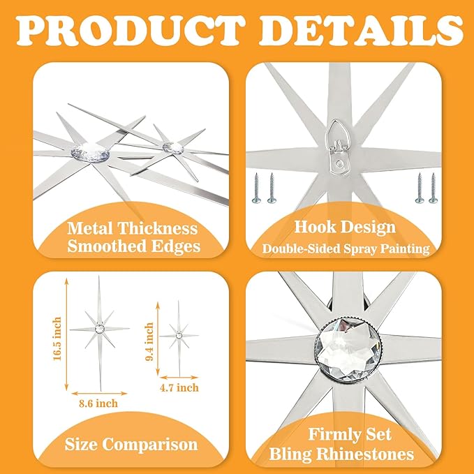 4 Pack Metal Star Wall Art 8 Pointed Starburst Wall Decor Set with 2 Large & 2 Small Pieces Mid Century Celestial Metal Wall Sculpture for Bedroom Living Room Office Gallery Wall