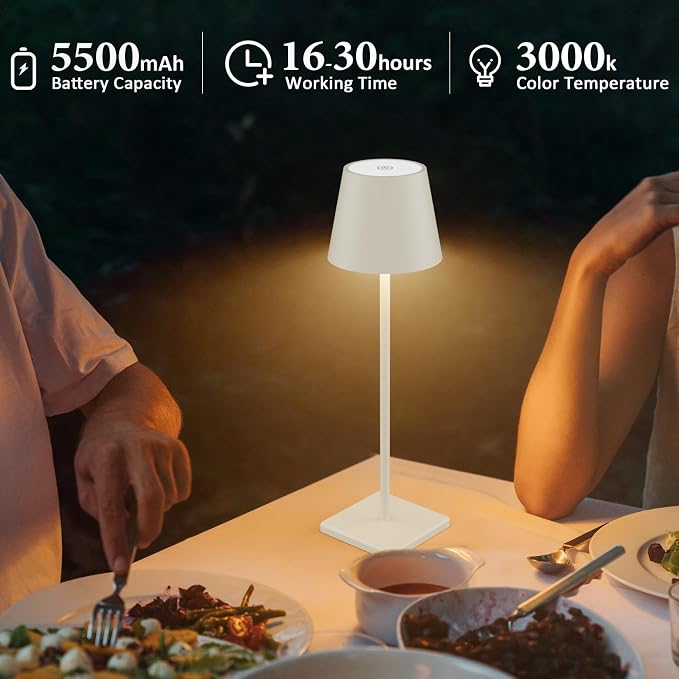 2-Pack LED Cordless Table Lamp, Rechargeable Battery Desk lamp 5000mAh Battery Operated Stepless Dimming Modern Portable Table Light for Restaurant/Bedroom/Outdoor IP54 Waterproof (Off White)