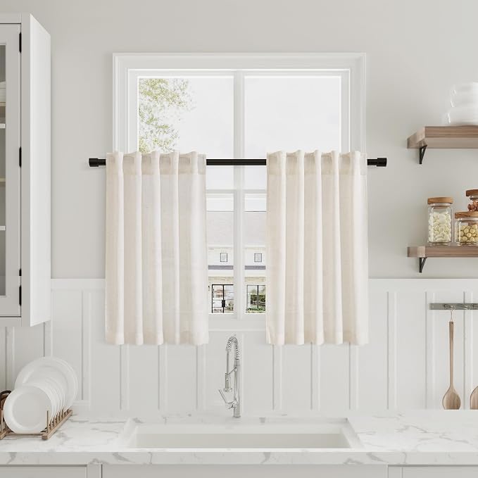 Beige Linen Kitchen Curtain 24 Inch Length 2 Panel Set Back Tab Rod Pocket Modern Neutral Short Cafe Curtains Light Filtering Sheer Small Window Treatment Tiers for Basement Camper 36Wx24L 2 FT