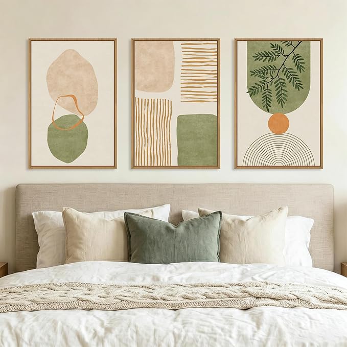 Large Boho Sage Green Framed Canvas Wall Art Set,Abstract Minimalist Geometric Line Wall Decor,Modern Mid Century Beige Leaf Artwork for Living Room,Bedroom,Dining Room,Office-24 x36 x3