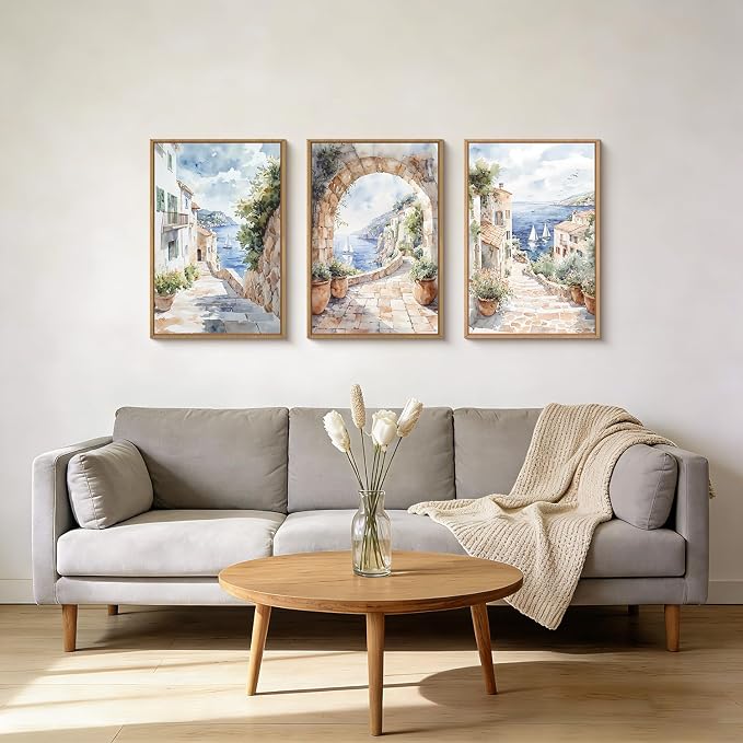 LHIUEM Watercolor Italy Coast Framed Canvas Wall Art,Modern Europe Countryside Wall Decor,Seascape Painting,Neutral Mediterranean Artwork for Living Room,Bedroom,Dining Room -24"x36"x3