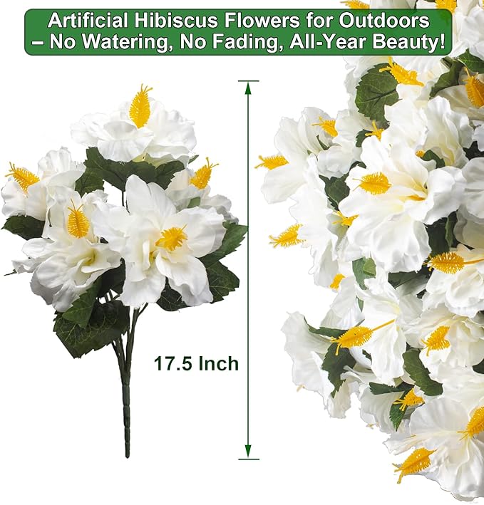 Grunyia Artificial Hibiscus Flowers 5 Bundles, UV Resistant Fake Tropical Flowers Realistic Silk Blooms for Outdoor Planter Garden Patio Porch Window Box Home Decor (White)