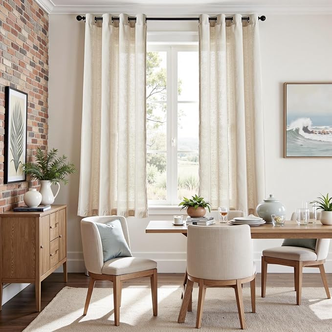jinchan Natural Linen Curtains 63 Inch Length for Bedroom Light Filtering Drapes for Kitchen Window Over Sink Thick Linen Textured Farmhouse Window Curtains with Grommet Beige 50 Inch Wide