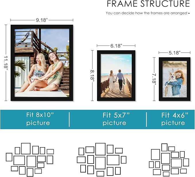 PEALSN 15 Pack Collage Picture Frames, Gallery Wall Frame Set with Three 8x10, Six 5x7, and Six 4x6, Multiple Photo Frames for Wall Gallery Decor, Black