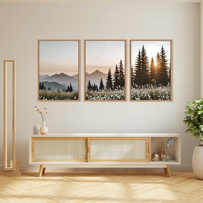 DRACIT Forest Sunlight Landscape Framed Canvas Wall Art Set,Nature Mountain Pine Tree Wall Decor,Modern Sunrise Wildflower Calming Art Printing for Living Room,Bedroom-24 x36 x3
