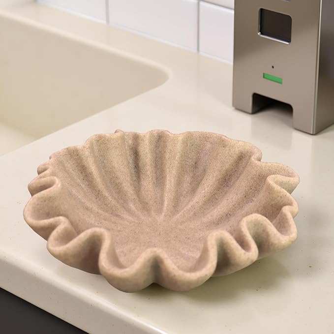 10" Large Handmade Decorative Bowl decor , Handicraft Scalloped Bowls for Modern Home Decor,Ruffle Decor,Key Bowl for Entry Table,Decorative Fruit Bowl for Kitchen Counter,Artificial Stone Beige
