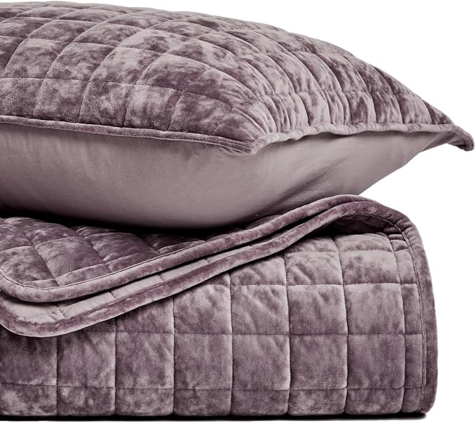 RECYCO Luxury Velvet Quilt Twin/Twin XL Size Bedding Set, Ultra Soft Velvet Comforter Set, Lightweight Quilted Channel Box Stitch Oversized Bedspread Coverlet for All Season, with 1 Sham, Purple