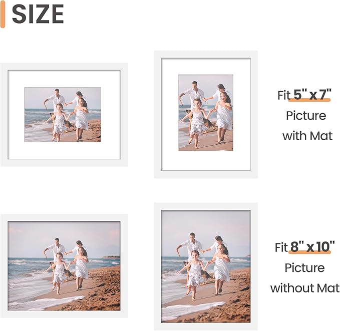upsimples 8x10 Picture Frame Set of 5, Display Pictures 5x7 with Mat or 8 x 10 Without, Wall Gallery Photo Frames, White