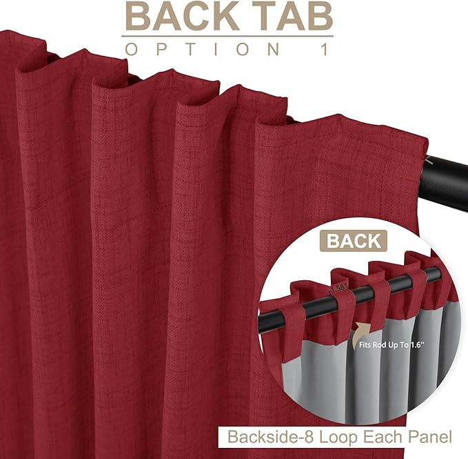 100% Blackout Shield Linen Blackout Curtains for Bedroom 102 Inches Long, Back Tab/Rod Pocket Living Room Drapes, Thermal Insulated Blackout Curtains 2 Panels Set, 50" W x 102" L, Red