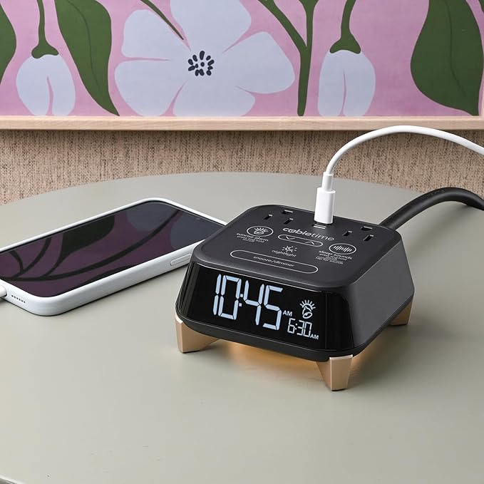 Brandstand CubieTime Zen (Latest Model) - White Noise/Sleep Sounds Alarm Clock Charger with 2 USB-C Ports, 2 Power Outlets, Night Light