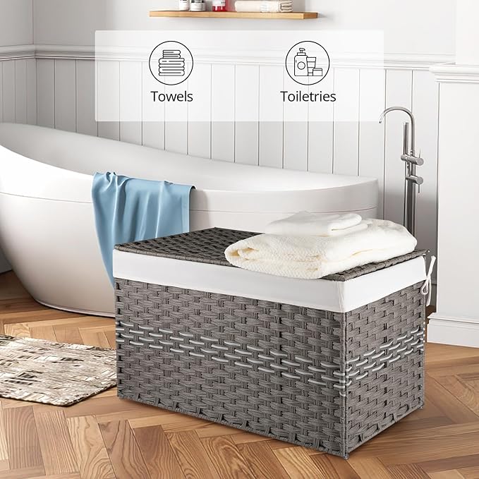 OIAHOMY Large Storage Basket with Lid, 42.3 Gallon (160L) Blanket Basket with Removable Liner Bag, Wicker Hamper with Handle, Foldable, Hamper for Bedroom, Grey