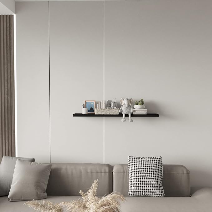 SAUMONIERES Floating Wall Shelves for Bedroom Bathroom Wall Mounted Solid Wood Shelf Storage Decor, Long Black Floating Shelf