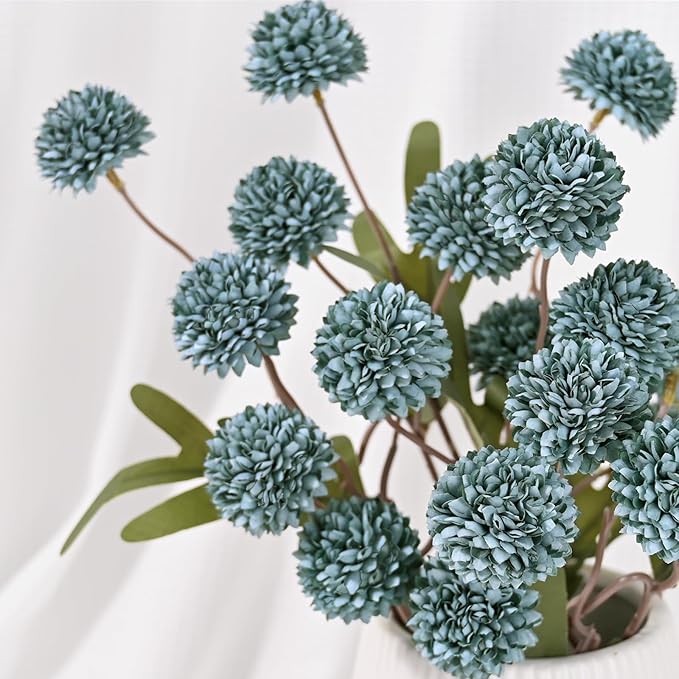 Waipfaru 10pcs Fake Silk Pompon Mum Artificial Flowers, Bulk Faux Mini Chrysanthemums, for Centerpieces Wedding Fillers Champagne Arrangements Shower Decorations, Blue