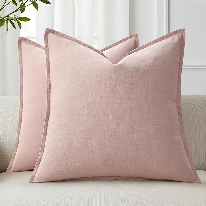 decorUhome Summer Decorative Linen Euro Sham Throw Pillow Covers 24x24 Inch Set of 2 Pink Pillow Covers with Flange Edges Soft Farmhouse Boho Accent Pillow Cases for Couch Bed Living Room