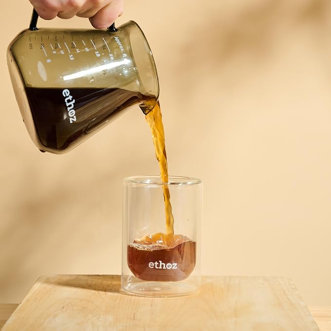 Ethoz® by Planetary Design Glass Carafe – Borosilicate Glass Pitcher for Brewing & Serving. Ergonomic Design, Calibrated Measurements, and Temperature-Resistant Durability.