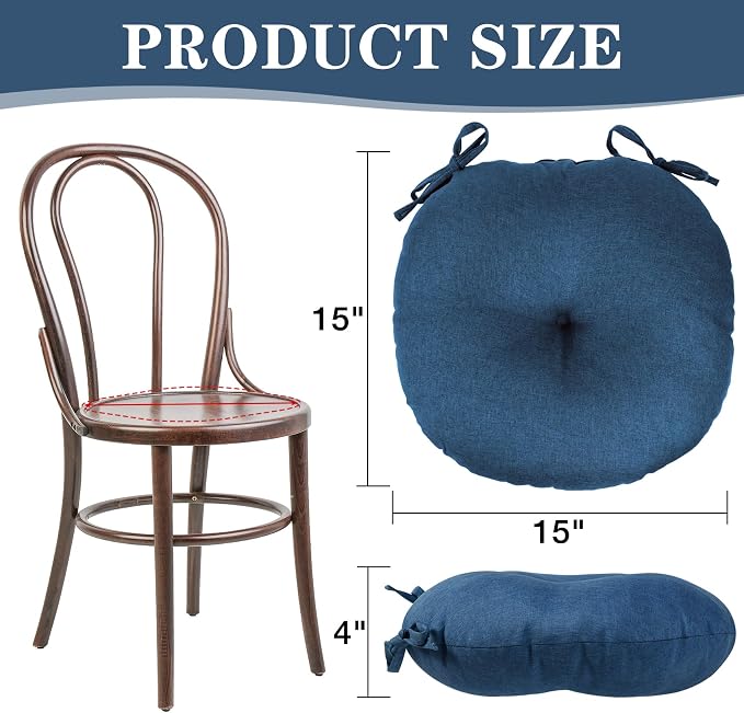 Navy Blue Bistro Chair Cushions Set of 2, Round Seat Chair Pads with Ties for Dining Room Patio