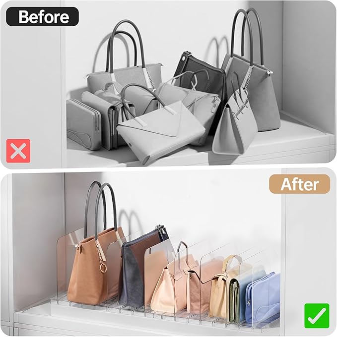PAVSTINE Purse Organizer for Closet, Stackable Handbag Storage Shelf, Adjustable Clear Shelf Dividers, Keep Clutch, Bag, Pocketbook Upright, for Bedroom (Clear)