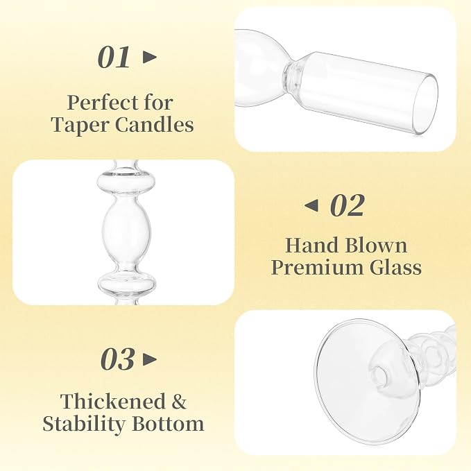 Hewory Glass Candlestick Holders: Clear Glass Taper Candle Holders Set of 3 Vintage Candle Stick Candle Holder, Colorful Glass Candle Holders for Table Centerpiece, Wedding, Dinner, Party, Home Decor