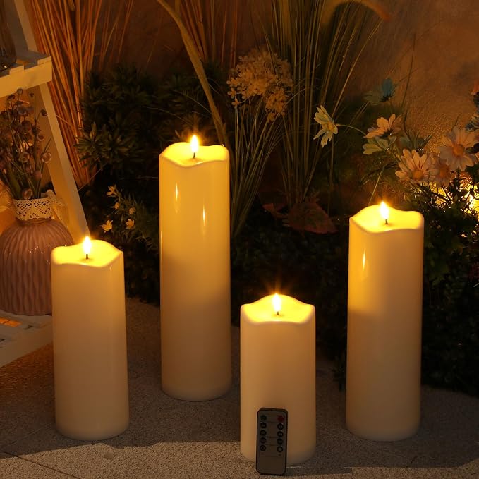 Rossesay 8" 10" 12" 14" x 4" Large Waterproof Outdoor Flameless Candles, 4 Pcs LED Pillar Candles with Remote and Timers Battery Operated Jumbo Flickering for Home Patio Church Lanterns(White)