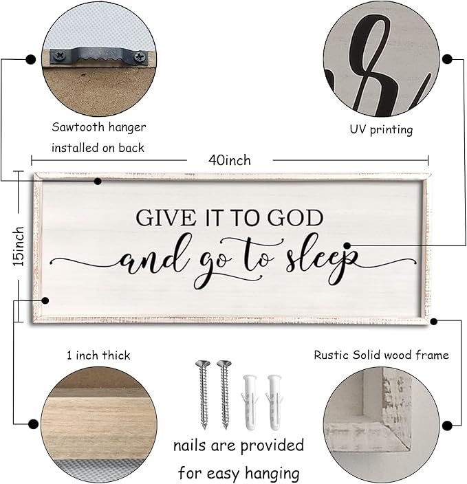 Give It To God And Go To Sleep Sign Wall Decor 40"X15" Master Bedroom Above Bed Large Farmhouse Wall Decor Wood Rustic Framed Over Bed Wall Art Hanging Decoration (White)