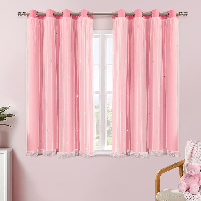 XiDi Pink Curtains with Sheer Overlay for Girls Bedroom 2 Panels Blackout Double Layer Curtains 45 Inches Length for Kids Princess Nursery Room Star Cut Out Grommet Small Window Drapes W52 X L45
