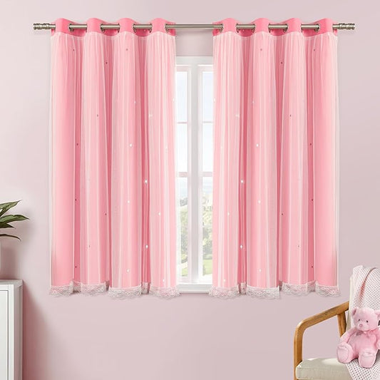 XiDi Pink Curtains with Sheer Overlay for Girls Bedroom 2 Panels Blackout Double Layer Curtains 45 Inches Length for Kids Princess Nursery Room Star Cut Out Grommet Small Window Drapes W52 X L45