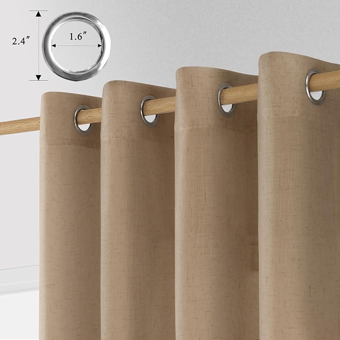 Sand Beige Grommet Linen Curtains 96 Inches Long 2 Panels Set for Living Room Bedroom Sliding Glass Door Light Filtering Drapes 96 Inch Length Neutral Farmhouse Semi Sheer Curtain for Office 52x96