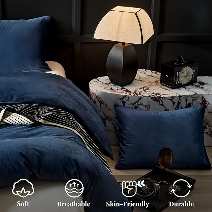 WARMDERN Navy Flannel Velvet Duvet Cover King Size Duvet Cover Bedding Sets, 3pcs Ultra Soft Luxury Textured Modern Crystal Velvet Duvet Covers with Zipper Closure(Navy, King)