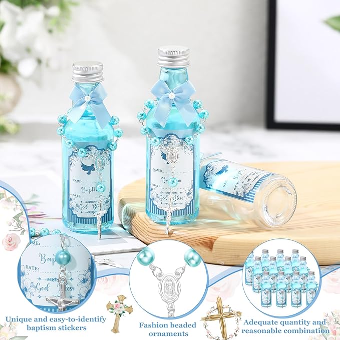 FillTouch 12 Sets Catholic Holy Water Bottle Baptism Rosary Set Baptism Favors 1.7oz Christian Water Container Empty Glass Holy Water Bottle for Easter Party Church Wedding Table Newborn (Blue)