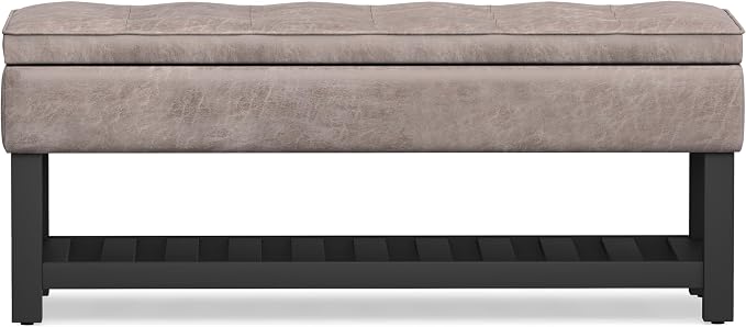 SIMPLIHOME Cosmopolitan Storage Ottoman Bench - 44 inch Wide Upholstered Vegan Leather Rectangle Storage Ottoman in Distressed Grey Taupe, Transitional Bench for Bedroom with Tufted Lift-Top and Shelf