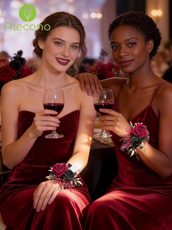 Alecono Set of 2 Wrist Corsage for Wedding, Burgundy and Black Corsages for Bride Bridesmaid, Artificial Flowers for Prom Graduation Ceremony Anniversary