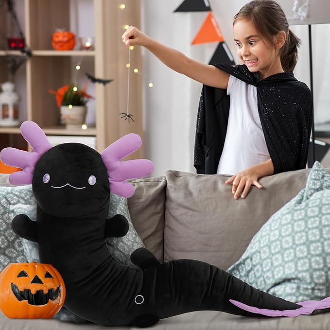 Tezituor Black Axolotl Stuffed Animal 48 inch Glow-in-Dark Plush Toy Body Pillow for Kids Adults Girls 6-12, 4ft Large Stuffed Salamander Axolotl Lovers Gifts Halloween Christmas Valentine's Day