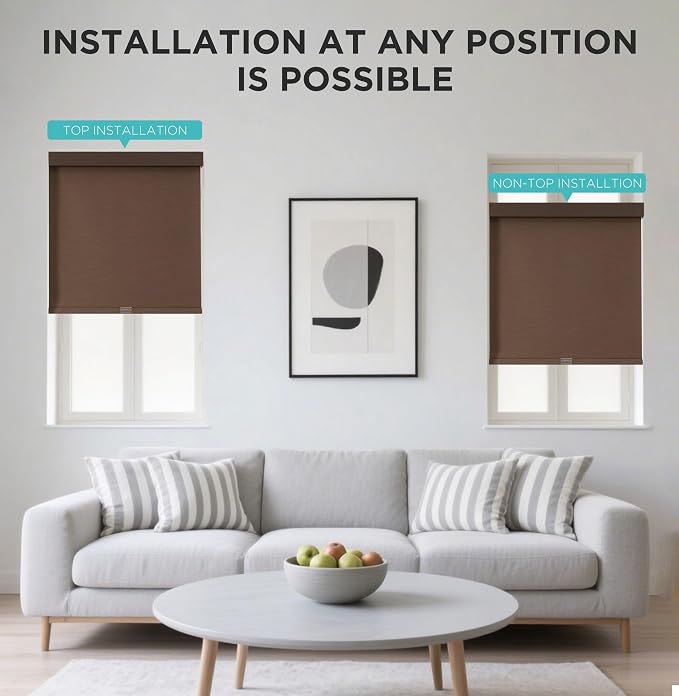Joydeco No Drill Blackout Shades, Free-Stop Cordless Roller Shades, UV Protection, Thermal Insulated Blinds for Indoor Windows, Easy Install Window Blinds for Home and Office (Coffee, 34" W X 75" H)