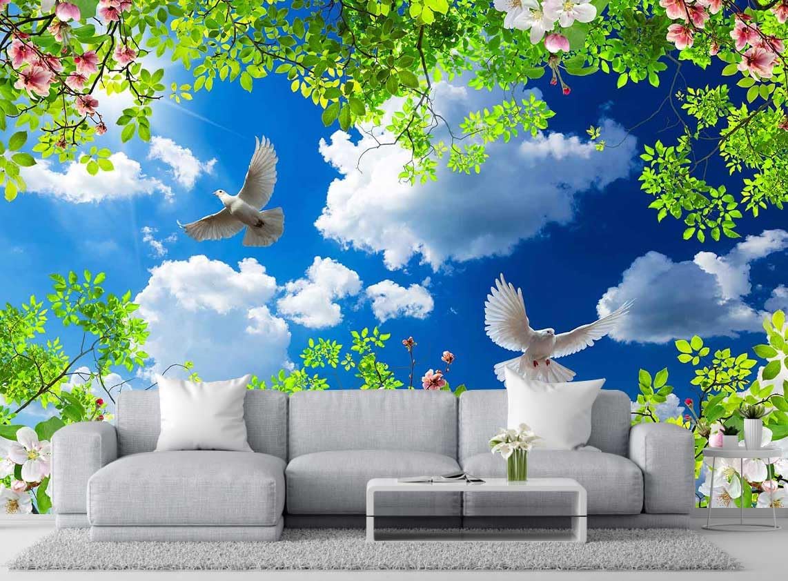 Green Plants Wrapped in Pigeons Flying Freely Under The Blue Sky and White Clouds Wallpaper for Large Background Wall murals(Non-self-Adhesive)