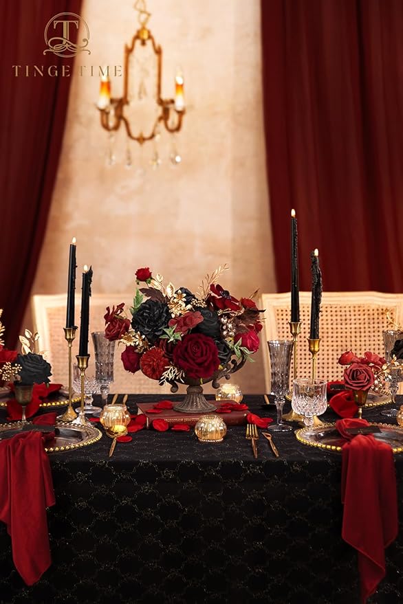 TINGE TIME Rose Artificial Flowers Combo, Fake Foam Roses with Stems for DIY Wedding Bridal Shower Decorations Party Table Centerpieces Fake Floral Arrangement Home Decor(Gothic Black and Red)
