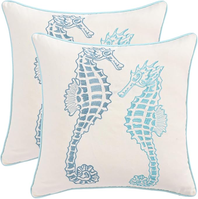 Blue Seahorse Pillow Covers 18x18 Pack of 2 Boho Embroidered Throw Pillow Covers Summer Cushions Cases Farmhouse Decor Square Pillowcases Spring Home Decor for Sofa Bed Living Room