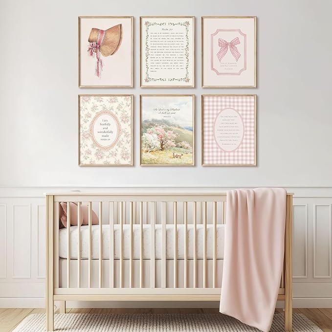 Christian Nursery Wall Art Bible Verse Canvas Wall Decor Pink Vintage Girls Nursery Poster Scripture Floral Bow Print Coquette Room Decor Pictures Jesus Artwork for Bedroom 8x10x6 Inch Unframed