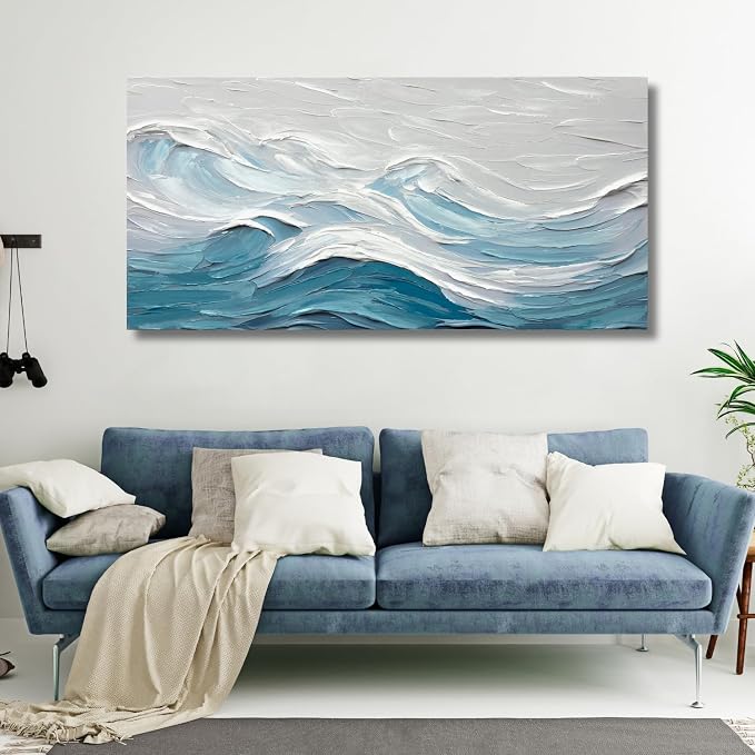 TRAIN2 ART Abstract Wall Art for Living Room Blue and White Ocean Paintings Wall Decor Modern 3D Textured Canvas Wall Art Large Artwork for Living Room Bedroom Office 28"x57"
