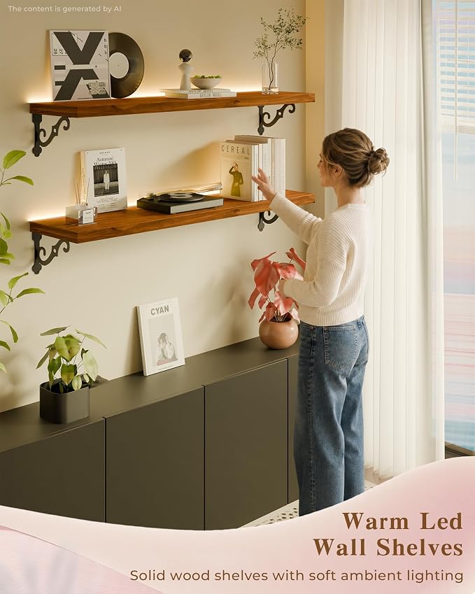 36 Inch 2 Tier Solid Wood Floating Shelves with LED Light, Metal Brackets | 36 inch solid pine shelves, 2 tier, warm LED light, walnut finish, metal brackets for books and decor