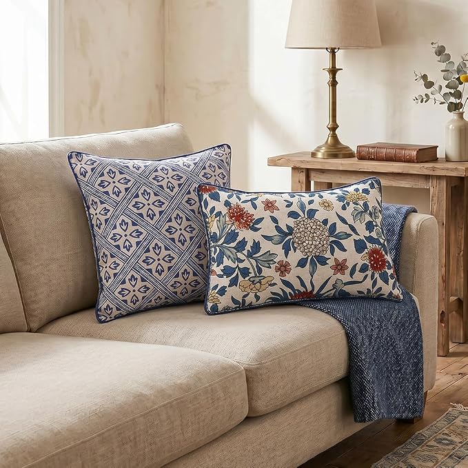 patdrea Designer French Linen Throw Pillow Cover,18"x18",Set of 2-Ivar C | Decorative Pillow Case,Chinoiserie Blue Floral Print Pillow Cover for Couch Living Room Bedroom Sofa