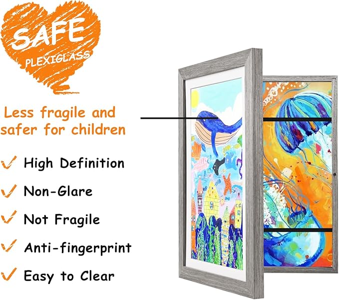 KINLINK A4 Kids Art Frame Set of 2, Solid Wood Kids Artwork Frames Changeable with Front Opening hold 150 Pictures, Art Frames for Kids Art with Mat，without Mat A4 Picture Frame Grey