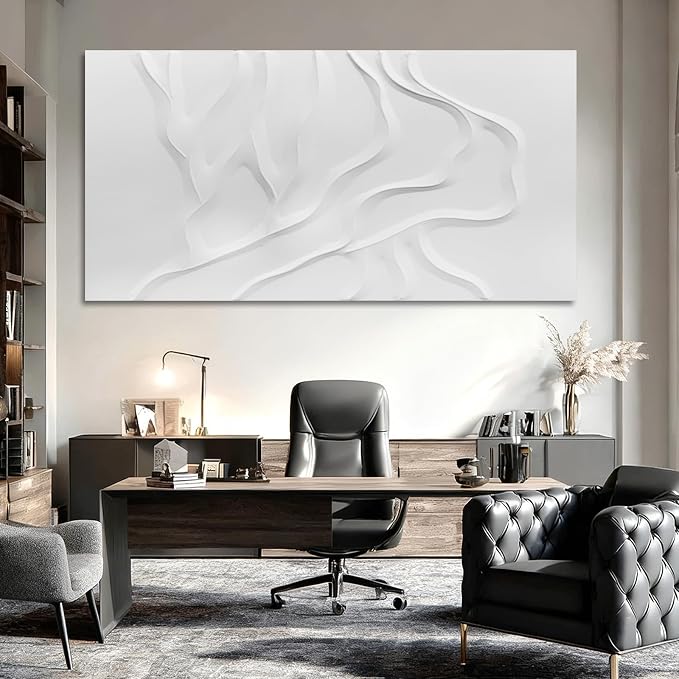 Large White Abstract Wall Art, Hand Painted Textured Canvas with Organic Sculptural Relief, Oversized Modern Statement Wall Decor for Living Room or Bedroom, Gallery Wrapped and Ready to Hang, 29×58 Inch